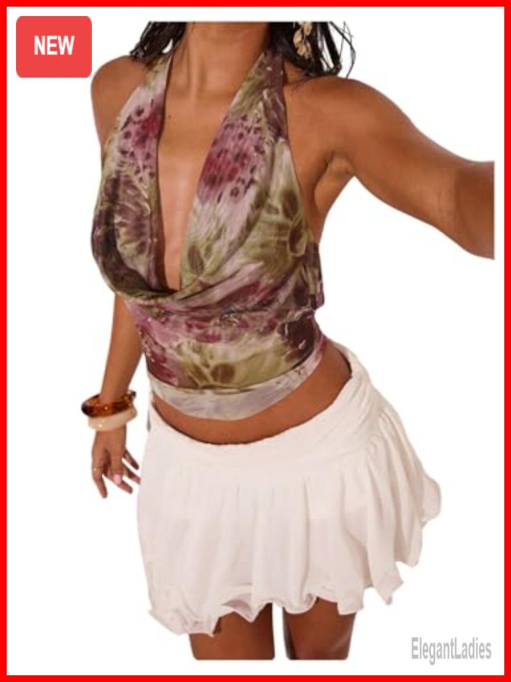 Sheer Mesh Halter Top Cowl Neck Backless Sleeveless Floral Y2K Party Top